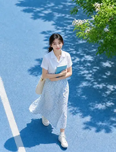 Sunlit summer street portrait with dappled leaf shadows
