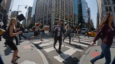 Caminata POV con congelamiento del tiempo por una calle helada de la ciudad