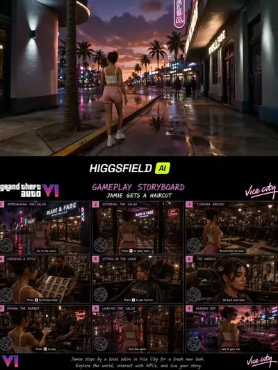 Prompt de storyboard de gameplay estilo GTA VI, salón de belleza en cuadrícula 3x3