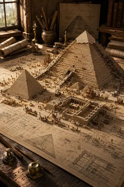 Miniatur-Diorama einer antiken Zivilisation auf einem Blaupausentisch