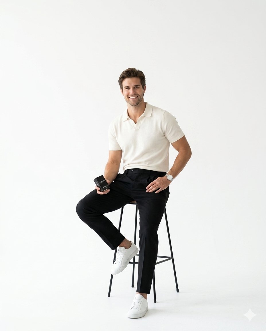 Minimalist editorial portrait seated on a black stool