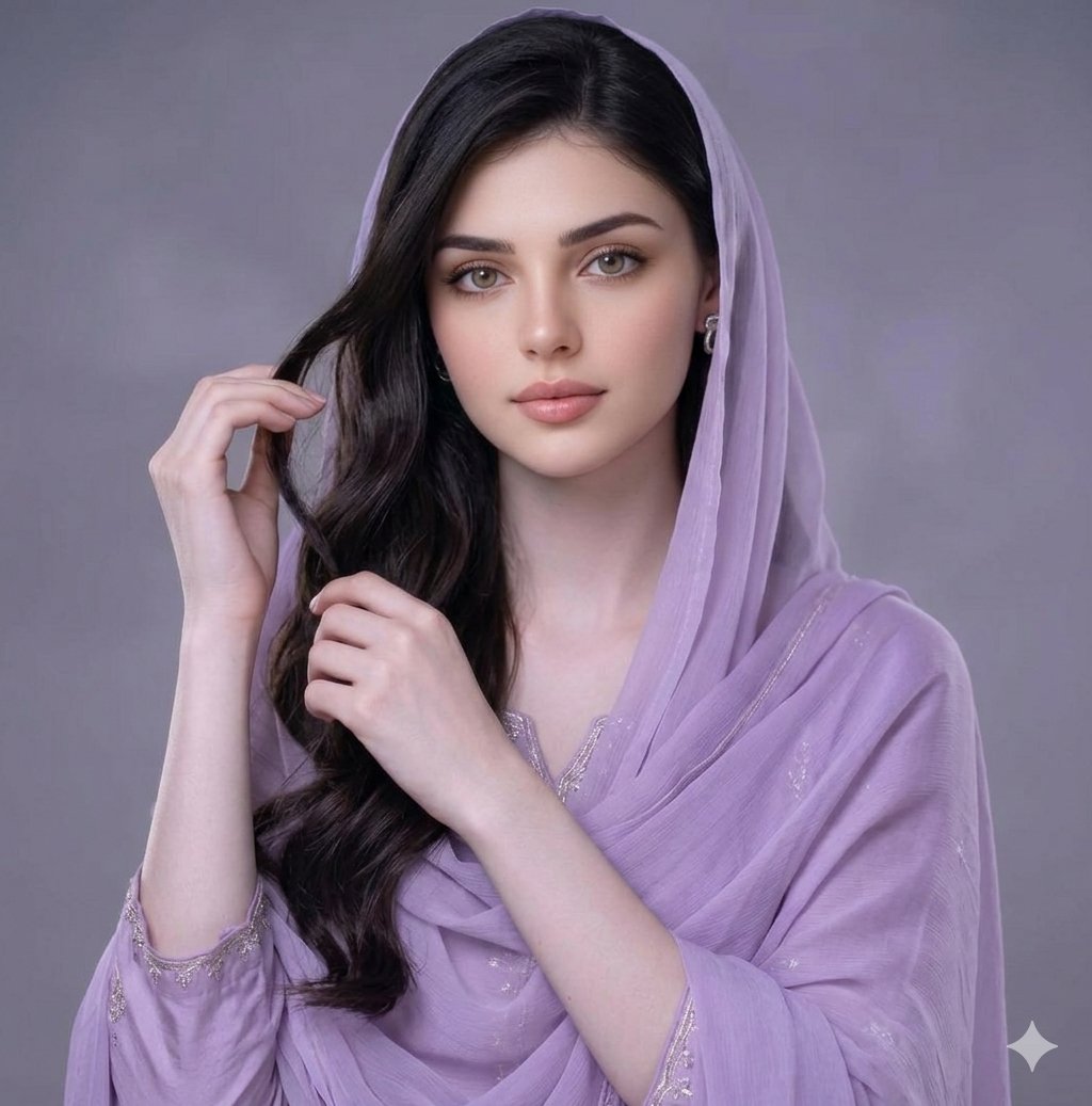 Editorial portrait in a pastel lilac abaya on a Dubai terrace