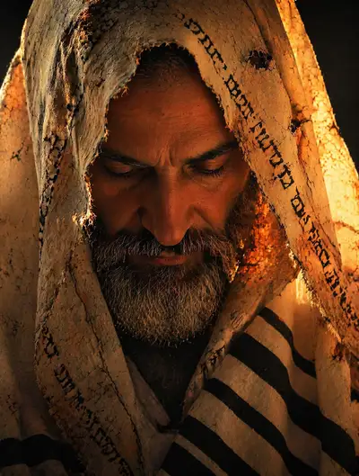 Cinematic portrait of a man wrapped in an aged prayer shawl