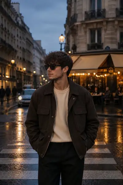Rainy Parisian blue hour editorial fashion portrait