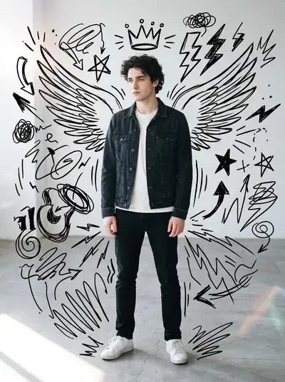 Person Surrounded by Hand-Drawn Doodles and Sketch Effects