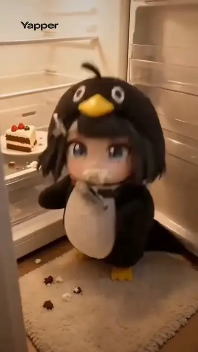 Niedliches Chibi-Pinguin-Mädchen reagiert in gemütlichem Wohnzimmer