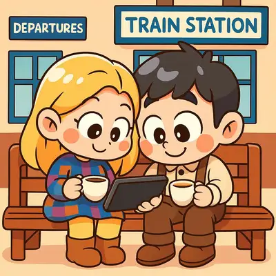Scène de gare de train anime chibi