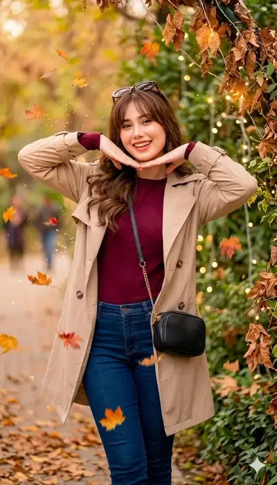 Retrato juguetón en pose de flor con look casual de otoño