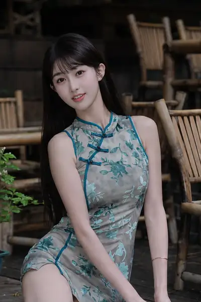 Photorealistic Eastern Fashion Portrait in Bamboo Teahouse