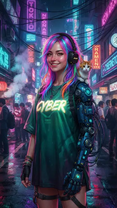 Cyberpunk techno futurist girl with mechanical arm accents