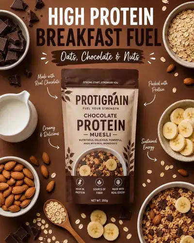 Chocolate protein muesli fitness breakfast ad poster
