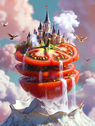 Floating Tomato Castle Surreal Fantasy Art