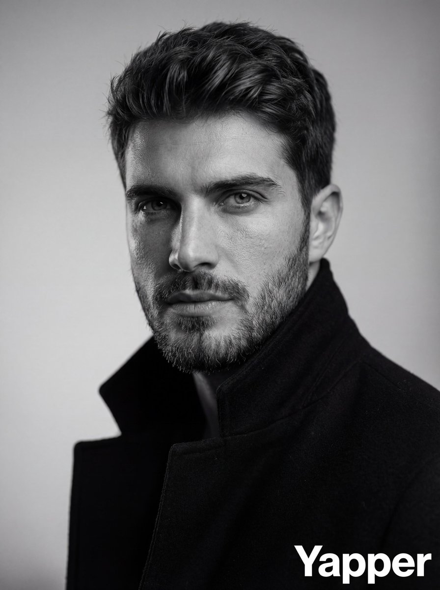 High-contrast black and white overcoat portrait prompt