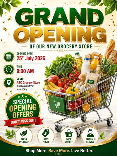 Pôster promocional de grande inauguração para um mercado