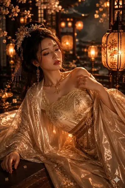 一张超写实的电影感镜头，主体是一位惊艳的东亚女性，装扮成一位