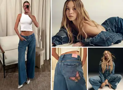 Denim fashion campaign collage in four panels