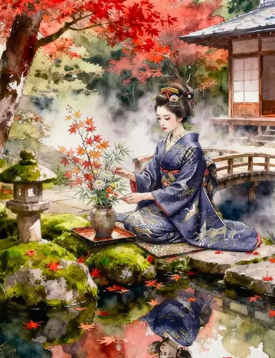 Femme en kimono dans un jardin japonais avec bassin et lanterne