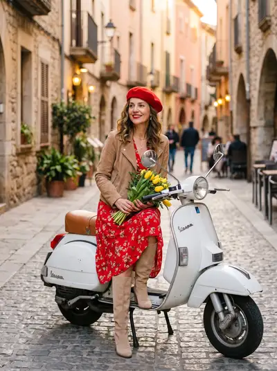 Retro European portrait of a woman on a scooter