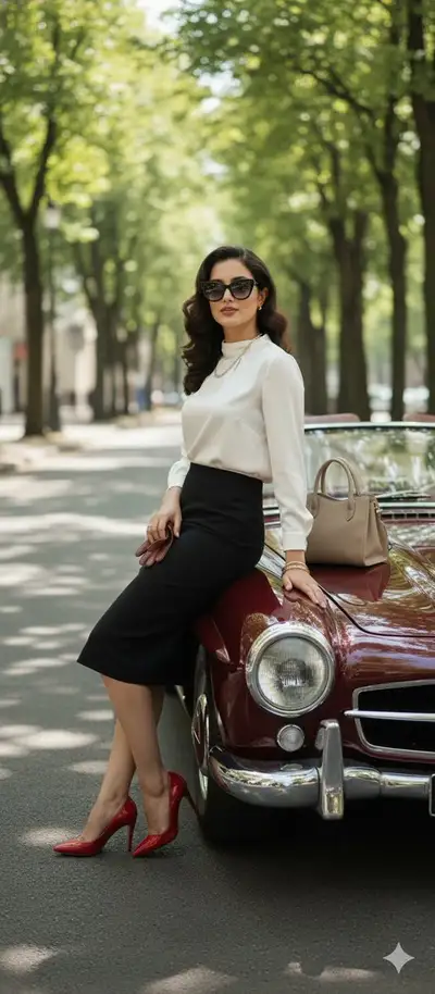 Retro-Glamour-Frau mit einem Vintage-Mercedes-Cabrio