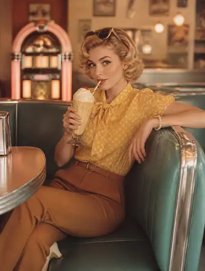 Retrato editorial em lanchonete retrô dos anos 1950