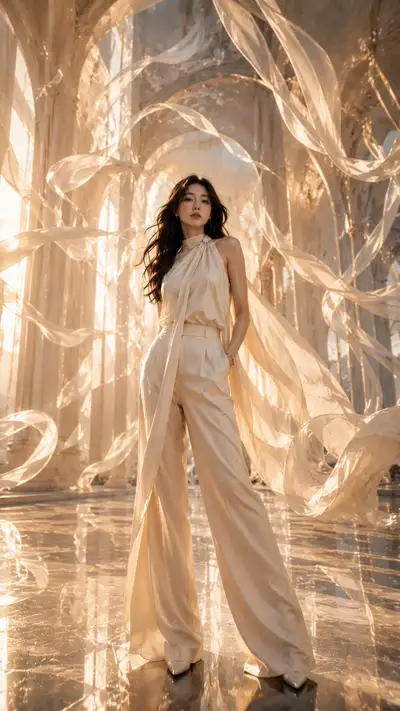 Couture editorial portrait in a floating silk fabric cathedral