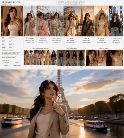 7-country travel-fashion commercial with outfit-triggered transitions