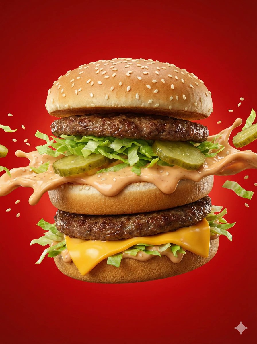 Big Mac floating hero shot with sauce burst, fast-food style