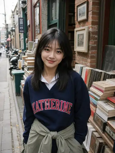 素朴な書店の前でのキャンディッドなストリートポートレート