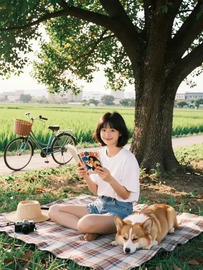 Cinematic countryside picnic portrait with corgi and comic book