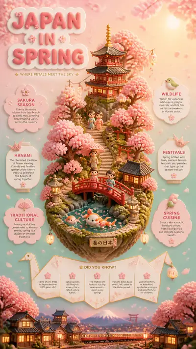 Kawaii 3D infographic poster of Japan in cherry blossom season
