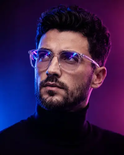 Neon-lit portrait template with transparent-frame glasses