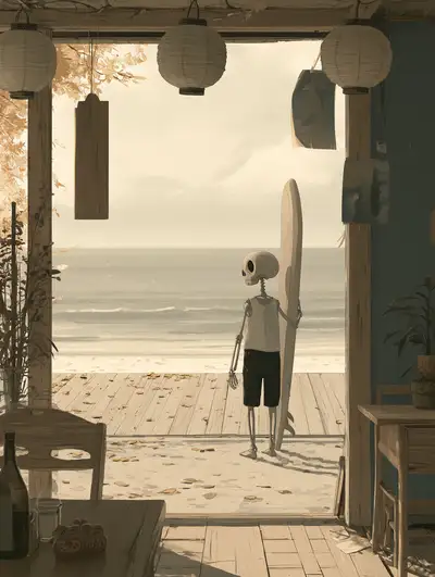 Calm skeleton surfer waiting for autumn beach cafe illustration