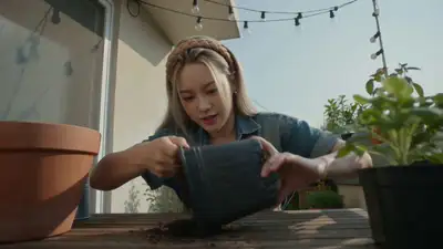 Handheld-Montage zum Umtopfen einer Pflanze im Hausstil