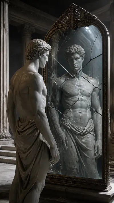 Estátua de mármore estoica diante de um espelho rachado
