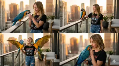 Cinematic portrait of woman with macaw parrot on balcony