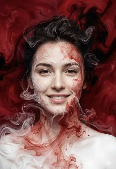 超现实水墨肖像，微笑的女人