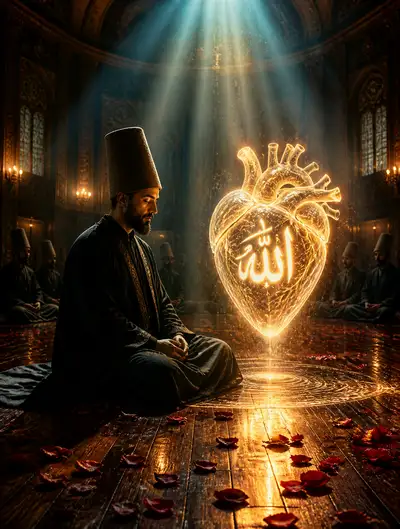 Mystical Sufi dervish portrait with a glowing sacred heart
