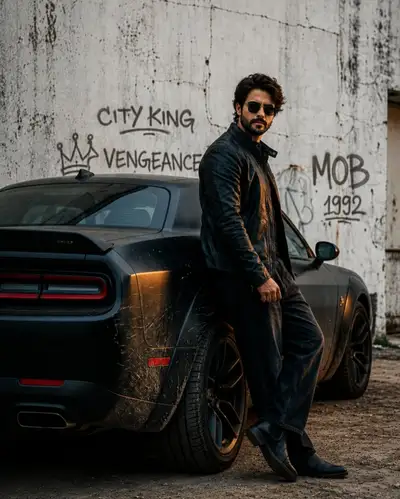 Kinoreifes Mafia-Helden-Filmposter neben einem mattschwarzen Muscle Car