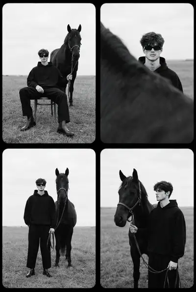 Black and White Man and Horse Contact Sheet Collage