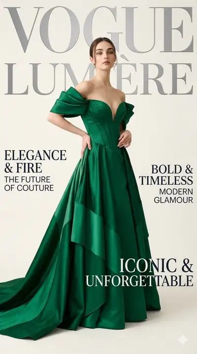 Portada de revista estilo Vogue, editorial de alta costura esmeralda