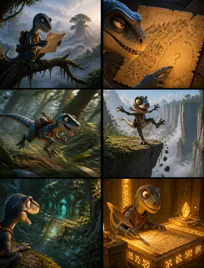 Pixar-style storyboard of a velocirraptor scout
