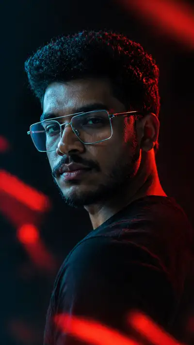 Cinematic side profile portrait with dramatic crimson rim light