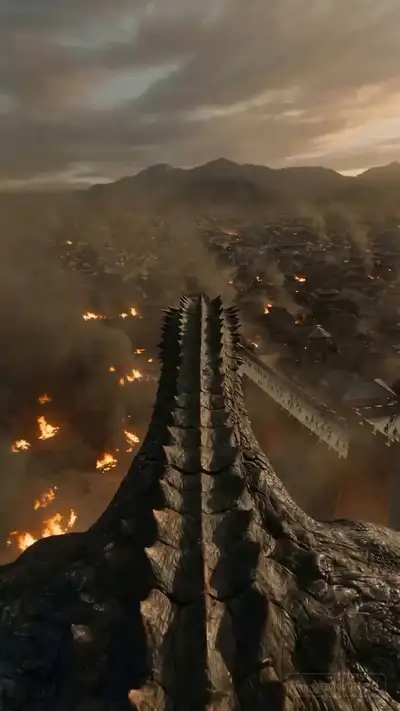 First-Person Dragon Flight Over Burning City