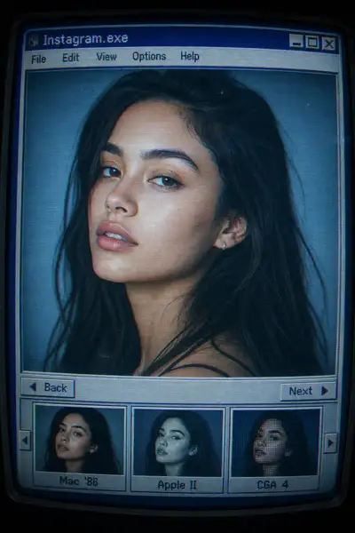 Portrait d'interface informatique CRT rétro des années 1990, style Instagram.exe