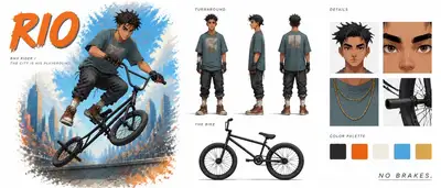 Folha de referência de personagem de ciclista BMX cinematográfico