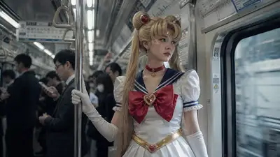 Sailor Moon cosplay portrait inside a Japanese subway car