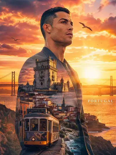 Cinematic Double Exposure Portrait of Cristiano Ronaldo in Lisbon