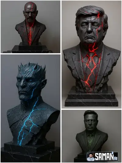 Modelo de busto de pedra rachada com fraturas brilhantes