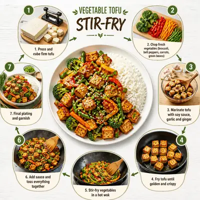 Step-by-step vegetable tofu stir-fry recipe infographic