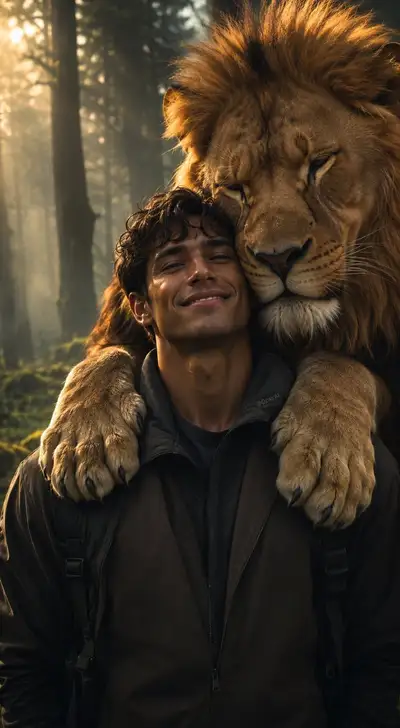 Man and Lion in Misty Forest Portrait